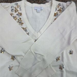 Charter Club Cream V-Neck with Gold and Silver Sequins